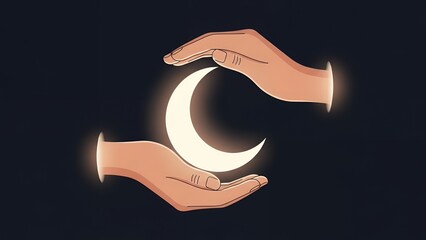 Hands cradling a glowing crescent moon against a dark background, symbolizing gentle lunar reverence and peaceful coexistence in a serene nighttime scene g