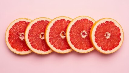 Five overlapping grapefruit slices arranged horizontally on pink background