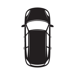 A minimalist black and white illustration depicts a top down view of a modern vehicle showing its sleek design and overall shape