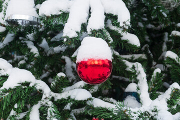 Christmas decorations on the city streets. Christmas baubles.