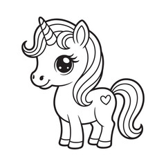 a charming black and white illustration of a cute baby unicorn with a flowing mane and tail and endearing facial features