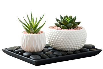 Minimalist Succulent Plants in White Textured Ceramic Pots on Pebble Tray