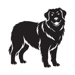 A striking black and white illustration depicts a large fluffy dog standing in a profile view showcasing its majestic and gentle demeanor