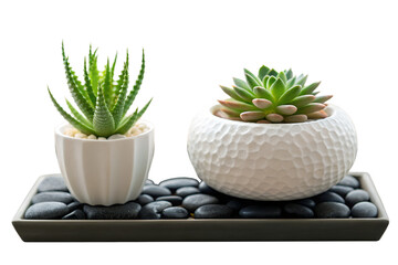 Modern Succulent Plants in White Ceramic Pots with Pebble Tray