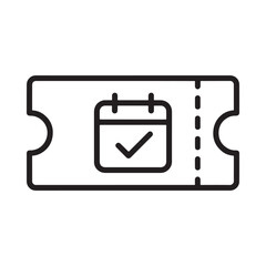A simple black and white line drawing depicts a ticket with a calendar icon featuring a checkmark inside signifying a scheduled event