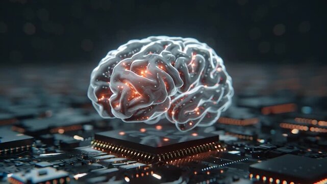 A glowing human brain floats above a circuit board, connecting via wires to a central processor. The rendering emphasizes neural and technological intersection
