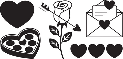 Valentine love set with heart shapes rose arrow letter envelope box chocolates for romantic celebration vector illustration