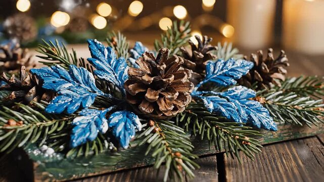 Decorative arrangement with pine cones and blue painted leaves