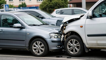 Car collision incident in urban parking lot vehicle damage emergency response daylight close-up view