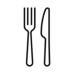 A simple black and white line drawing depicts a fork and a knife placed side by side representing dining and cutlery