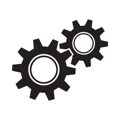 A simple illustration depicts two interlocking black gears showcasing a concept of mechanisms engineering and industrial processes in a minimalistic style