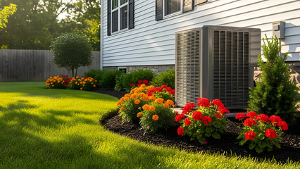 Residential AC unit installed outside modern white house | Beautifully manicured flower beds surrounding air conditioner condenser | Summer evening sunlight illuminating lush green lawn and HVAC syste