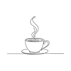 A minimalist single line drawing depicts a steaming cup of coffee on a saucer capturing the essence of a warm beverage