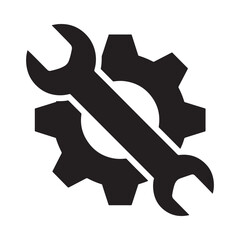 A black and white illustration depicts a wrench crossed diagonally over several interlocking gears symbolizing maintenance and engineering concepts