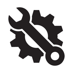 A sleek black and white icon depicts a wrench crossed with several gears symbolizing maintenance repair and mechanical engineering concepts clearly