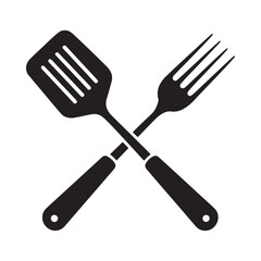a simple black and white illustration depicts a crossed spatula and fork kitchen tools used for cooking and serving food items