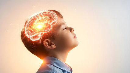 Young child with glowing brain symbolizing intelligence and potential | Conceptual image of active children's brain development and learning process | Digital visualization of neural activity and ment