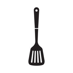 A simple black and white illustration depicting a kitchen utensil specifically a slotted spatula hangs vertically against a white background