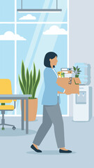 Female employee carrying a box of personal items, leaving the office.