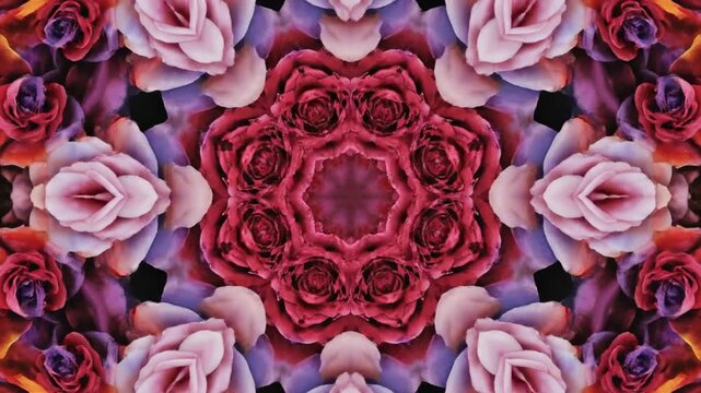 Abstract floral kaleidoscope background with colorful roses and psychedelic mandala patterns