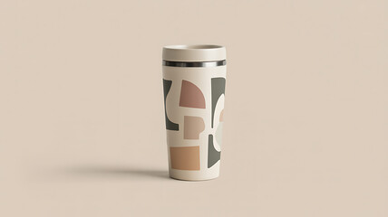 Matte white travel mug or tumbler featuring a modern abstract earth tone geometric pattern design against a plain minimal beige studio background product mockup