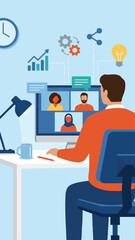 Virtual business meeting with diverse remote team, online collaboration