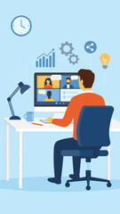 Man on video call with colleagues, working remotely with business icons