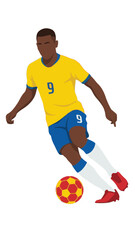 Male soccer player in brazil jersey dribbling a football