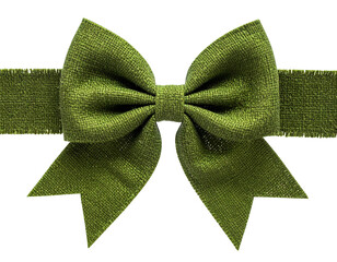 Close-up of a festive, olive-green fabric bow with textured detail against a black background