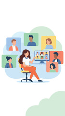 Woman attending virtual meeting with diverse team on video call