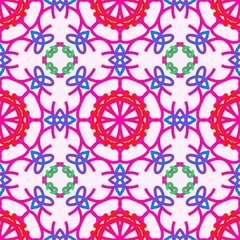 Vibrant Multicolor Seamless Pattern Background Digital Paper with Bright Pop Art Geometric Shapes and Dynamic Interlocking Line Design.