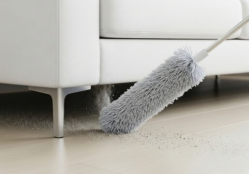 Handheld duster sweeping dust from under a white sofa. Domestic cleaning and hygiene concept for home maintenance.