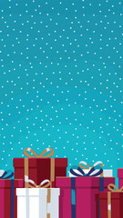 Colorful wrapped gift boxes with ribbons on a festive blue polka dot background