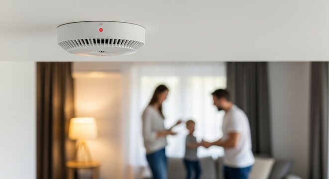 Smoke detector with a red light on the ceiling of a modern home, with a family out of focus in the background, a safety warning concept in apartment.