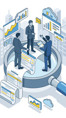 Businessmen team analyzing financial data and reports with magnifying glass