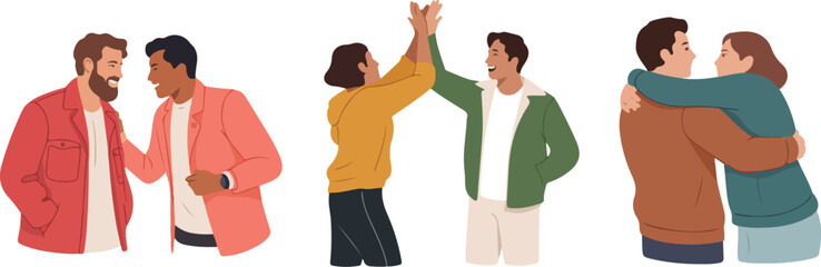Positive Social Relationships – Happy People Celebrating and Bonding- friend, friendship, people, couple, high five, hug, embrace, talking, conversation, happy, vector, illustration, flat