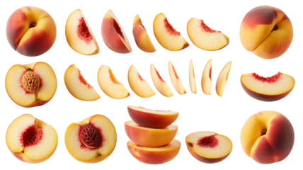 Peach Slices and Whole Peaches on White Background