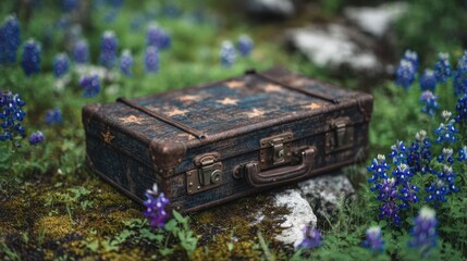 Vintage suitcase amidst wildflowers