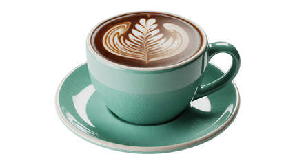 Teal Coffee Cup with Leaf Design Latte Art on White Background