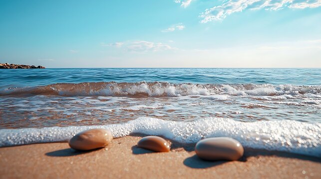 Coastal beauty shown through vibrant sea waves and soft sand high resolution picture