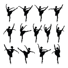 Silhouettes of ballet dancers in various graceful poses and formations