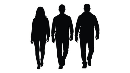 Three people walking in a row showcasing a striking dark figure silhouette