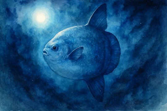 Watercolor moonfish swimming under a starry night sky with a bright moon. concept of ocean serenity, marine artistry, dreamlike atmosphere