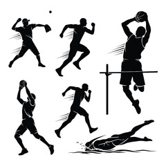 Silhouettes of athletes performing various dynamic sports actions in motion