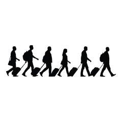 Silhouettes of people walking with luggage depicting travel and motion