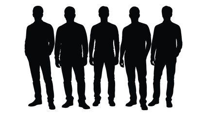 A lineup of five men standing closely together depicted in a stark black silhouette