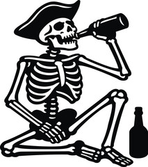 This eye-catching illustration features a whimsical pirate skeleton sitting and enjoying a drink from a bottle. With a classic pirate hat and a playful pose, this design combines humor and a touch of 
