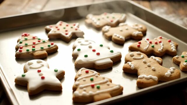 Woman cuts holiday cookie dough with metal cutters, decorating baked Christmas gingerbread men and tree shapes, food preparation footage.