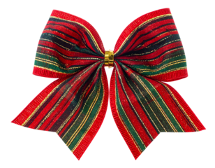 Festive, close-up shot of a striped red, green, and gold bow, centrally tied with gold