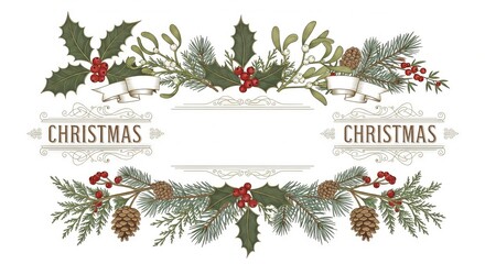 Christmas, New Year banner with festive berry and mistletoe for winter holiday greeting card. Seasonal congratulation frame concept.